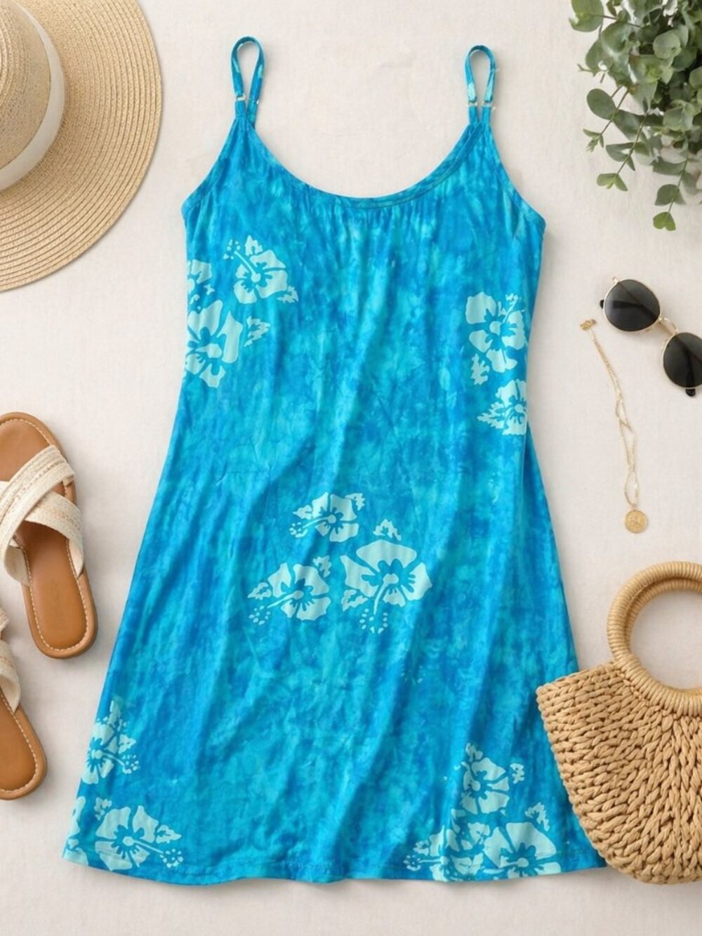 Santiki Blue Tie-Dye Floral Sundress – 100% Rayon, Made in Indonesia, Beachy L
